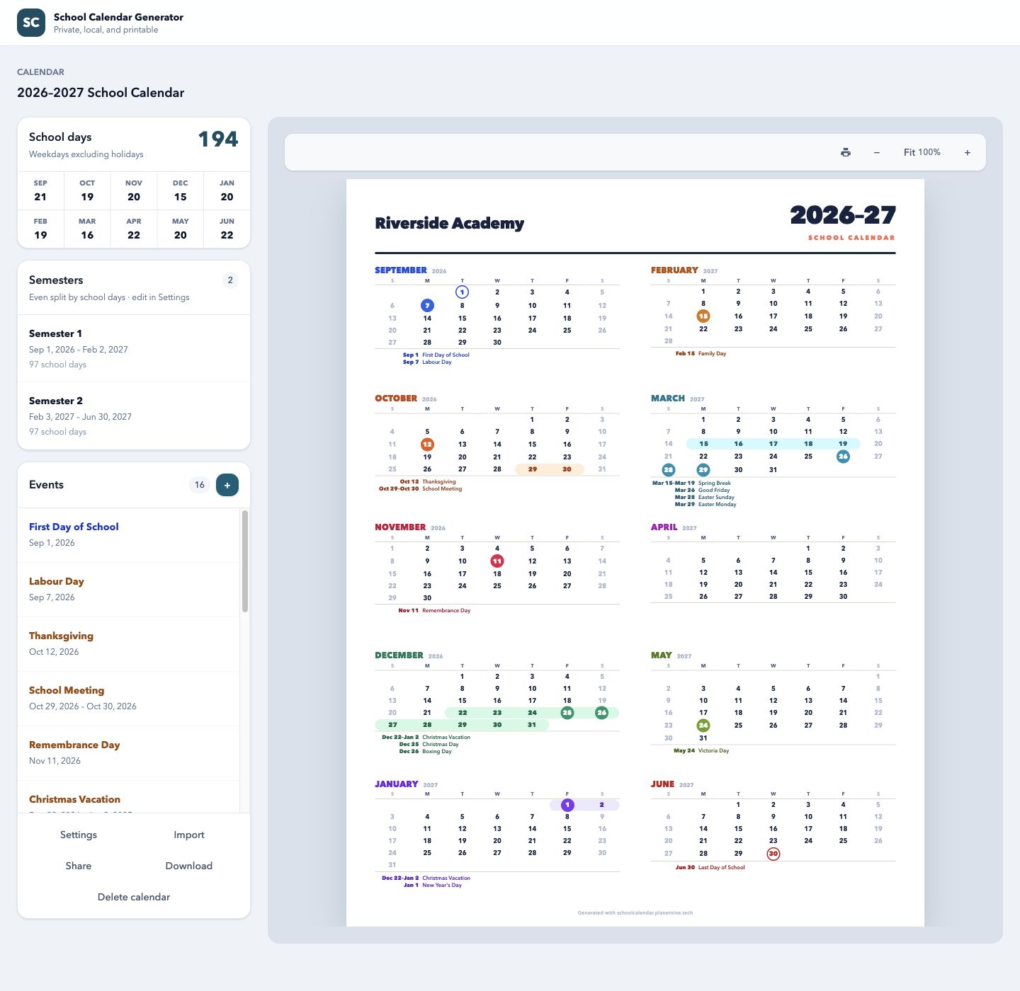 School Calendar Generator showing the editor beside a complete portrait yearly calendar